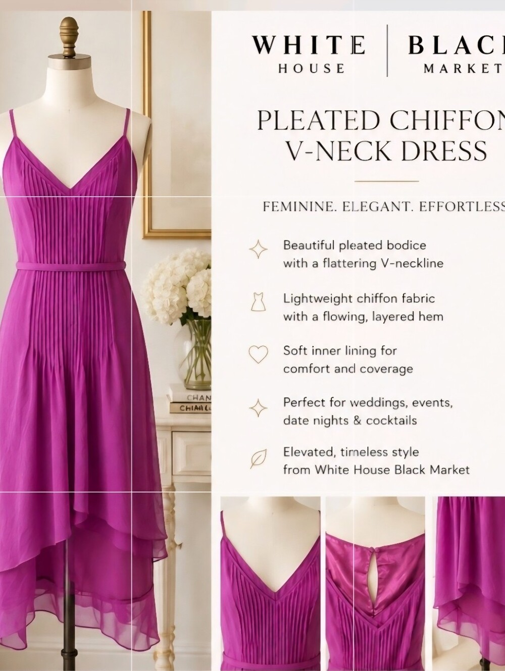 White House Black Market Orchid Pleated HighLow Wedding Guest Dress Sz10 NWT